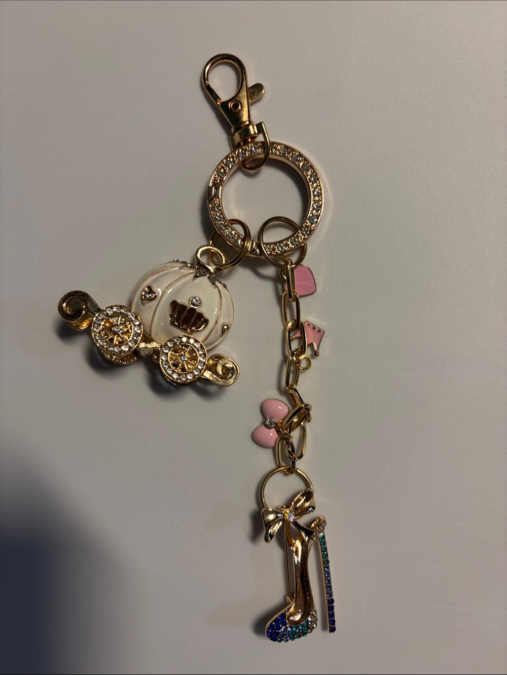 Gold-tone Princess Carriage & High Heel purse charm or Keychain - Pink & White